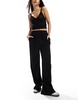 Vila linen touch wide leg pants with stretch waist in black pinstripe