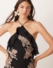 ASOS DESIGN floral embroidered halter bias maxi dress with embellishment and ruffle hem in black