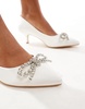 Truffle Collection wide fit bridal kitten heel embellished bow detail pumps in ivory sateen