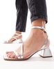 ASOS DESIGN Hibiscus asymmetric mid block heeled sandals in silver