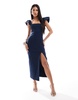 Vesper square neck ruffle sleeve side split midaxi dress in navy