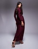 ASOS DESIGN long sleeve ruched maxi dress with satin corset detail in burgundy