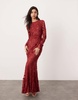 ASOS EDITION embroidered floral long sleeve lace open back maxi dress in burgundy