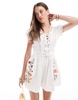 ASOS DESIGN self belt romper with puff sleeve and embroidery in white