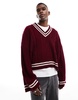 ASOS DESIGN knitted extreme oversized cropped v neck sweater in burgundy with tipping