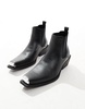 ASOS DESIGN cuban heel western chelsea boots in black faux leather with silver toe cap