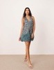 ASOS EDITION embellished plunge neck mini dress with faux feather hem in blue