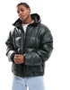 ASOS DESIGN faux leather puffer jacket with hood in green