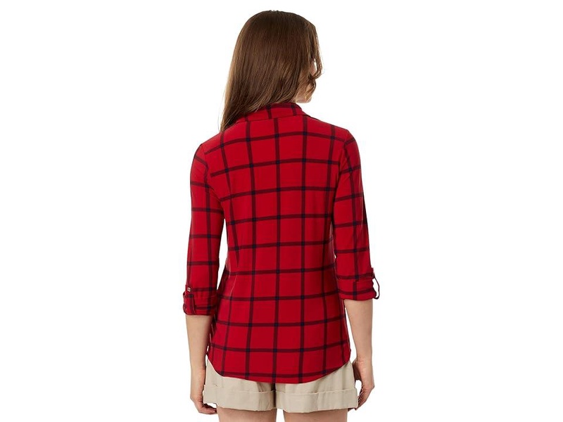 Long Sleeve Knit Plaid Roll Tab