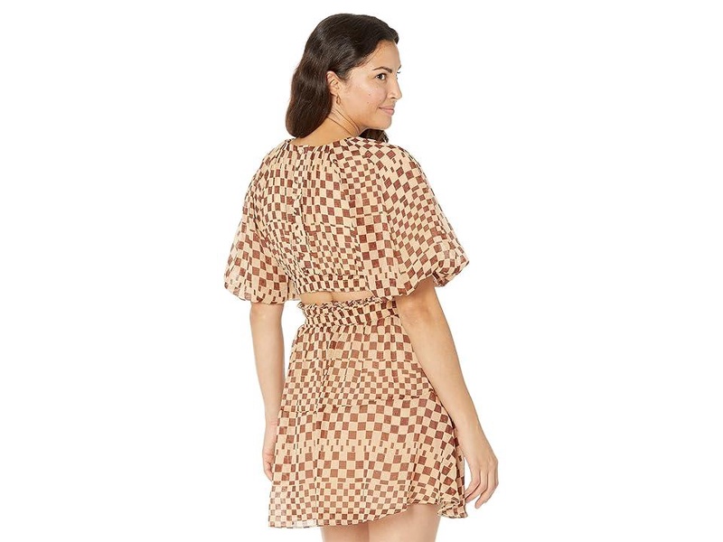 Grid Print Bubble Sleeve Back Cutout Mini Dress