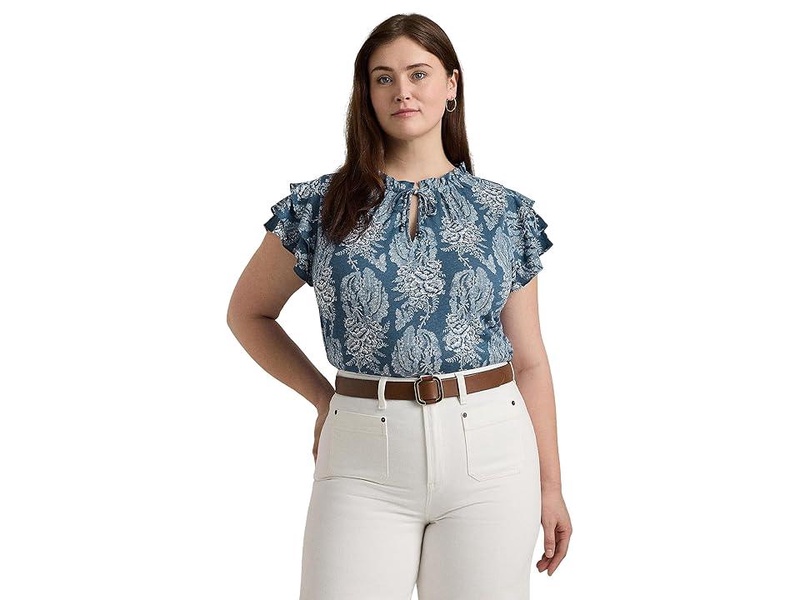 Plus-Size Floral Linen-Blend Jersey Tie-Neck Top