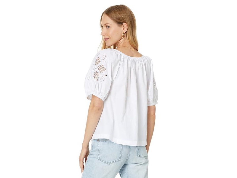 Embroidered Puff-Sleeve A-Line Top in Poplin