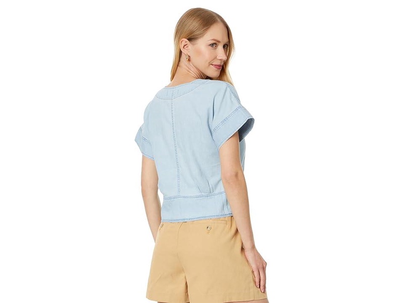 Denim Pleated Short-Sleeve Top in Doral Wash