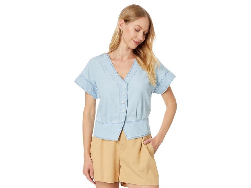 Denim Pleated Short-Sleeve Top in Doral Wash