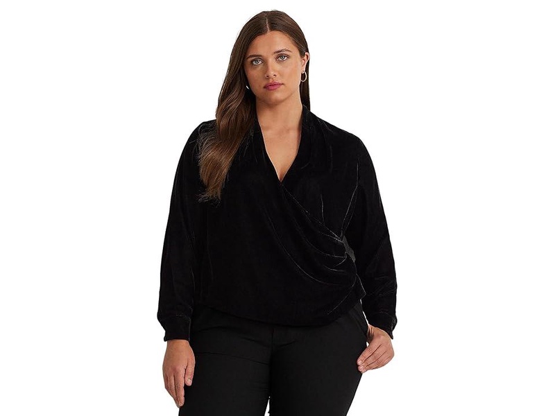 Plus-Size Pleated Velvet Surplice Blouse