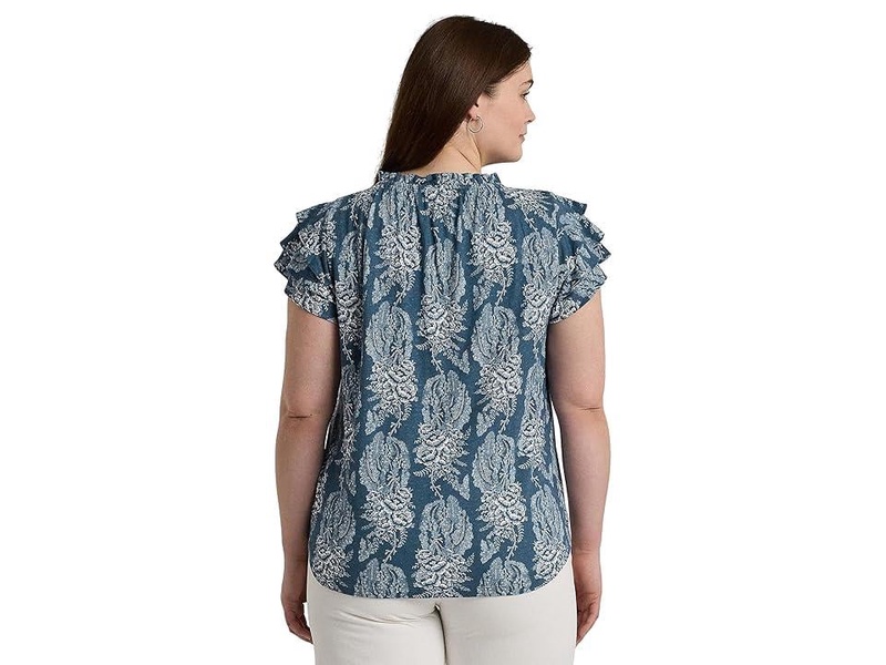 Plus-Size Floral Linen-Blend Jersey Tie-Neck Top