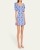 Kelly Blue Tile Print Puff-Sleeve Dress