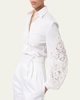 Embroidered Puff-Sleeve Button-Front Blouse