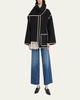 Embroidered Fringe Contrast-Trim Scarf Wool Jacket