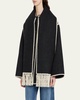 Embroidered Fringe Contrast-Trim Scarf Wool Jacket