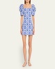 Kelly Blue Tile Print Puff-Sleeve Dress