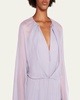 Zip-Front Long-Sleeve Silk Chiffon Layered Gown