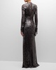 Sequined Long-Sleeve Keyhole Halter Gown