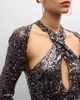 Sequined Long-Sleeve Keyhole Halter Gown