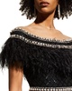 Beaded Off-The-Shoulder Illusion Midi Dress w/ Feather Trim