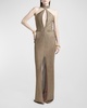 Cutout Mock-Neck Halter Metallic Honeycomb Evening Gown