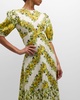 Gisela Balloon-Sleeve Floral Linen A-Line Midi Dress