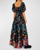 Sunset Tapestry Puff-Sleeve Maxi Dress