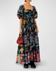 Sunset Tapestry Puff-Sleeve Maxi Dress