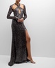 Sequined Long-Sleeve Keyhole Halter Gown