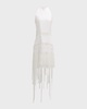 Althea Fringe Lace-Trim Halter Mini Dress