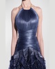 Taylor Metallic Plisse Ruffle Backless Halter Gown