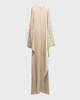 Feather-Embellished Doubleface Satin Long-Sleeve Caftan