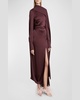 Long-Sleeve Draped Scarf Satin Maxi Dress