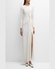 Pleated Drape Slit-Hem Long-Sleeve Silk Crepe Maxi Dress