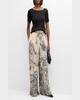 Floral Silk Straight Wide-Leg Pants