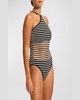 Striped Knit High-Neck One-Piece Swimsuit (DD-Cup)