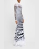 Feather Mariniere-Printed Mesh Long-Sleeve Gown