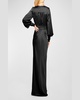 Madelane Blouson-Sleeve Deep V-Neck Gown