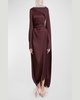 Long-Sleeve Draped Scarf Satin Maxi Dress