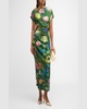 Floral-Print Ruched Short-Sleeve Midi Dress