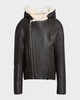 Shearling Hooded Leather Biker Jacket