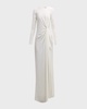 Pleated Drape Slit-Hem Long-Sleeve Silk Crepe Maxi Dress