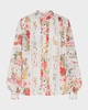  Lace-Trim Floral Cotton Blouson-Sleeve Blouse