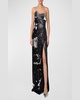 Leather-Wave Strapless Bicolor Sequined Slit Gown