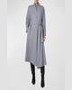 Half-Circle Inset Belted Long-Sleeve Midi Dress